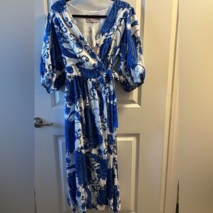 Elegant Blue and White Paisley Wrap Dress
